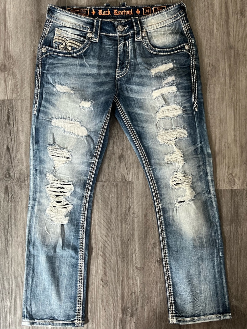 Rock Revival Men’s Distressed Dark Blue Slim Straight Jeans 34x32